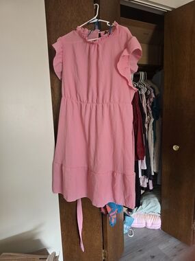 SHEIN Pink Ruffle Sleeve Midi Dress